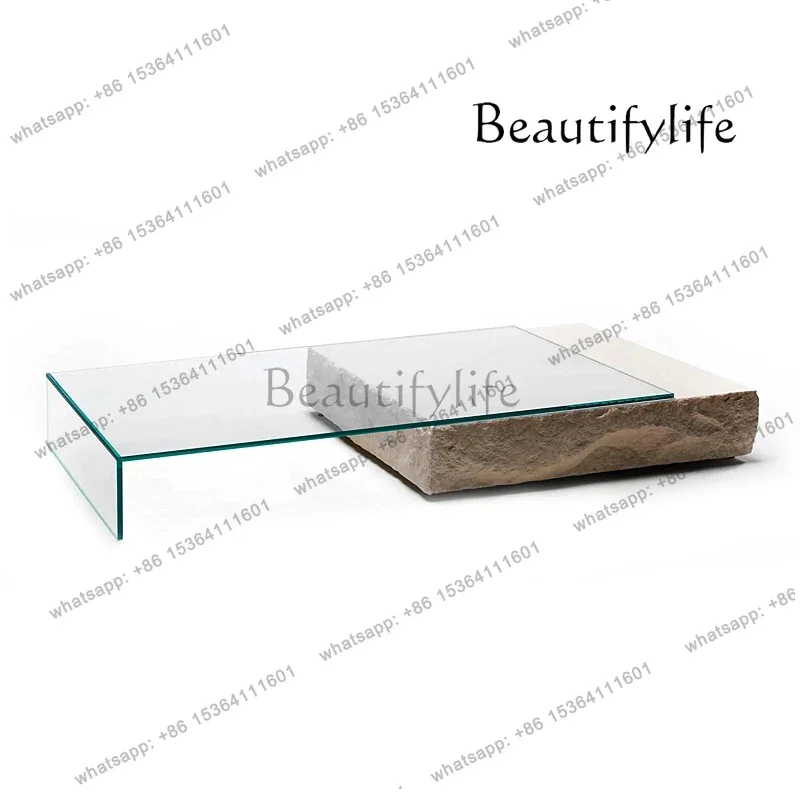 

Nordic Natural Travertine Living Room Glass Coffee Table Artistic Sense Creative Design Simple Marble Tea Table