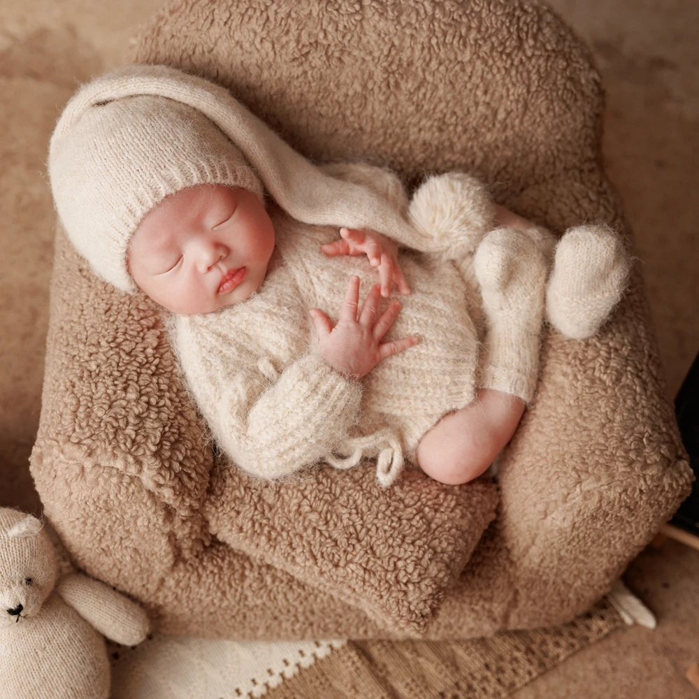 Roupas de malha para sessão de fotos de recém-nascidos, top de manga longa, macio, curto, chapéu, meias, branco, infantil, roupas fotográficas, traje para recém-nascidos