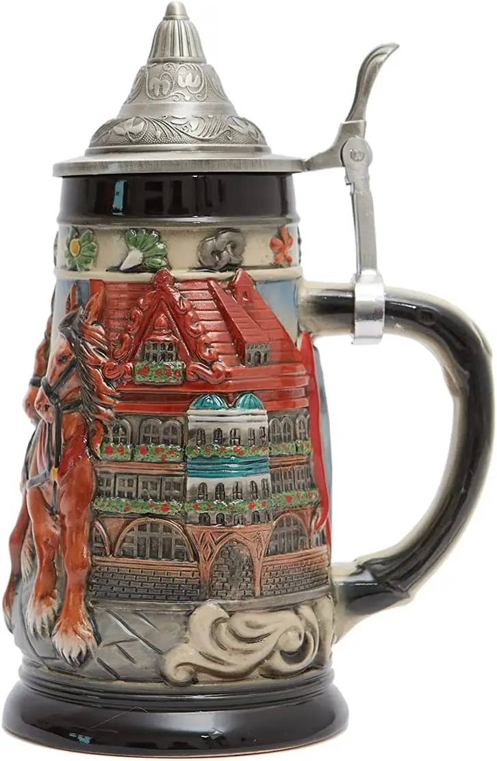 

German Oktoberfest Ceramic Beer Stein with Pewter Lid, 0.9L Viking Tankard for Men Gifts