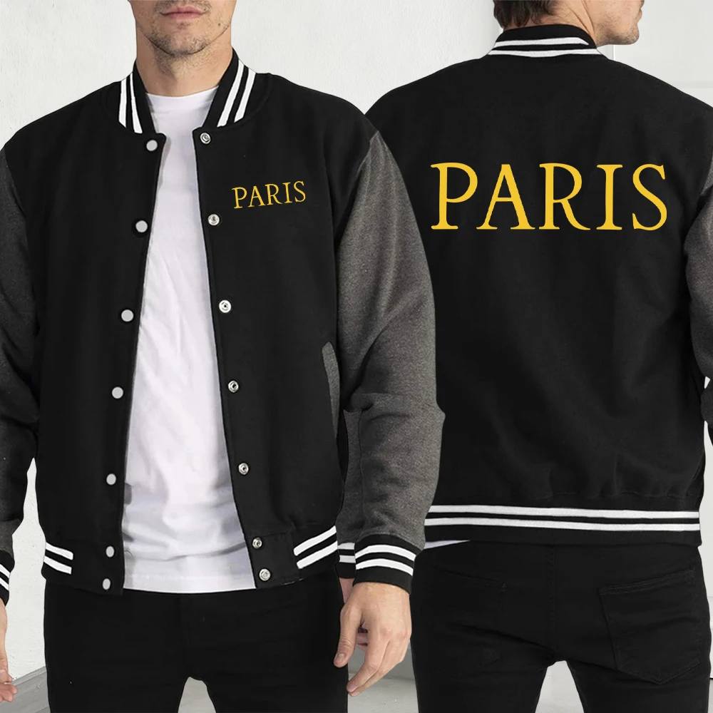 

Paris Letter Simple Print Baseball Jersey Men Casual Street Jacket Fashion Fleece Unisex Clothing Autumn Hip Hop Pullover
