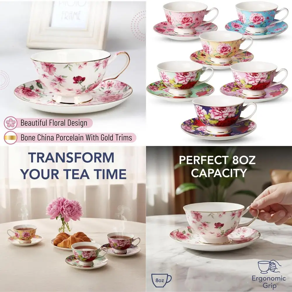 

Набор из 6 фарфоровых чайных чашек с блюдцами, 240 мл, с цветочным узором, можно мыть в посудомоечной машине