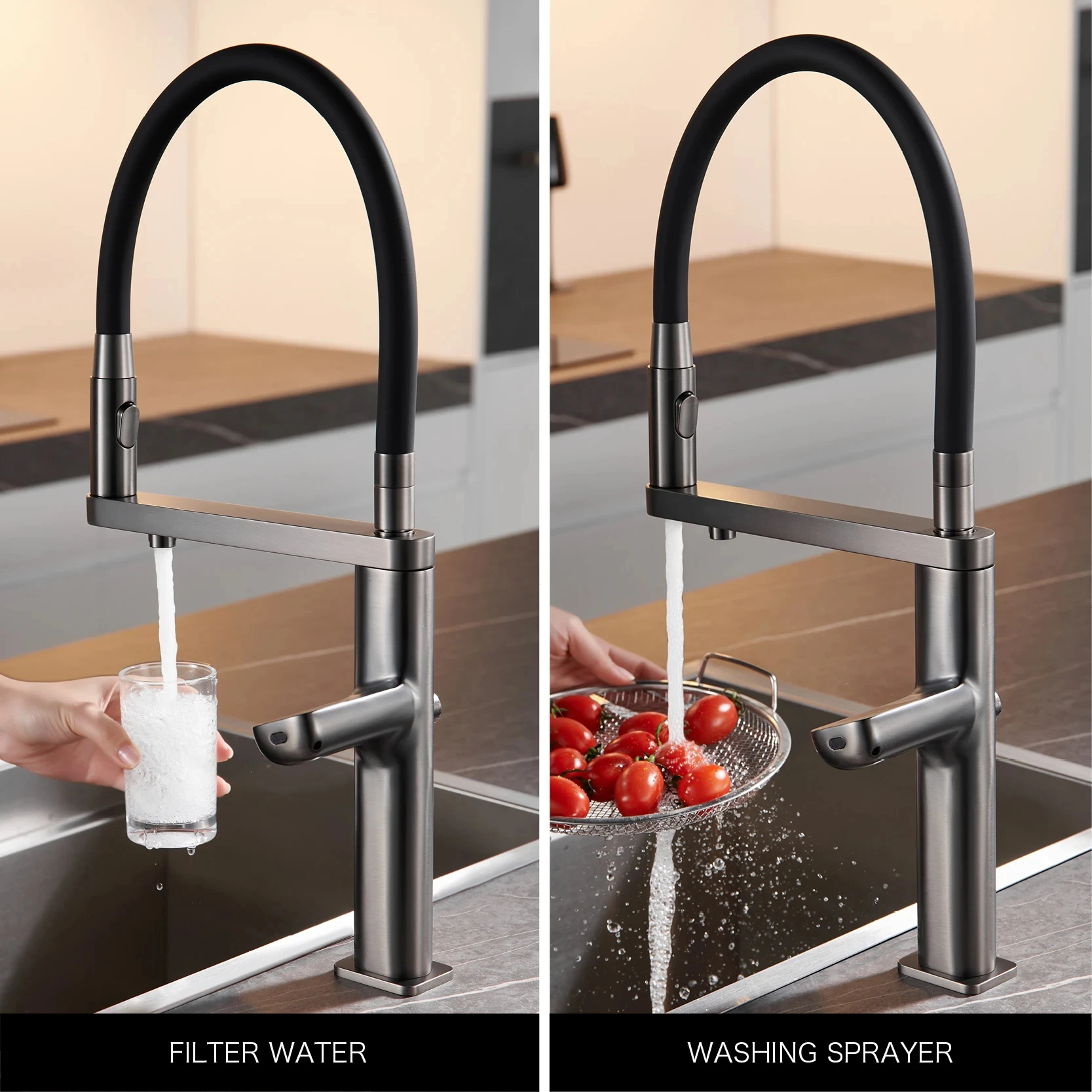 Luxury Gun Gray Kitchen Faucet Intelligent Touch Digital Display Design Dual Control Cold & Hot Filtering Water Sensing Sink Tap