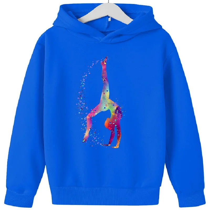 New Watercolor Gymnastics Art Print Cute Sweatshirts Girls Birthday Gift Top Thick Clothes Kids  Hooodie Sweater Blue