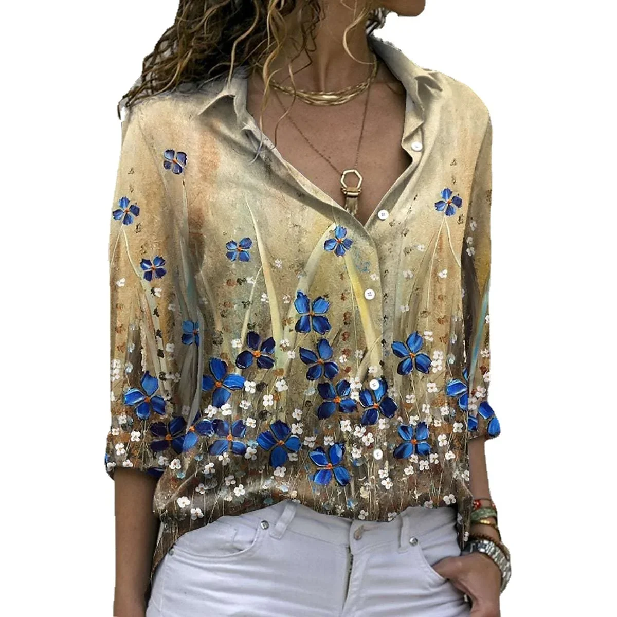 

2024 Spring Summer New Fashion Printed Women Long Sleeved Shirt Casual Loose Female Polo Neck Blouses