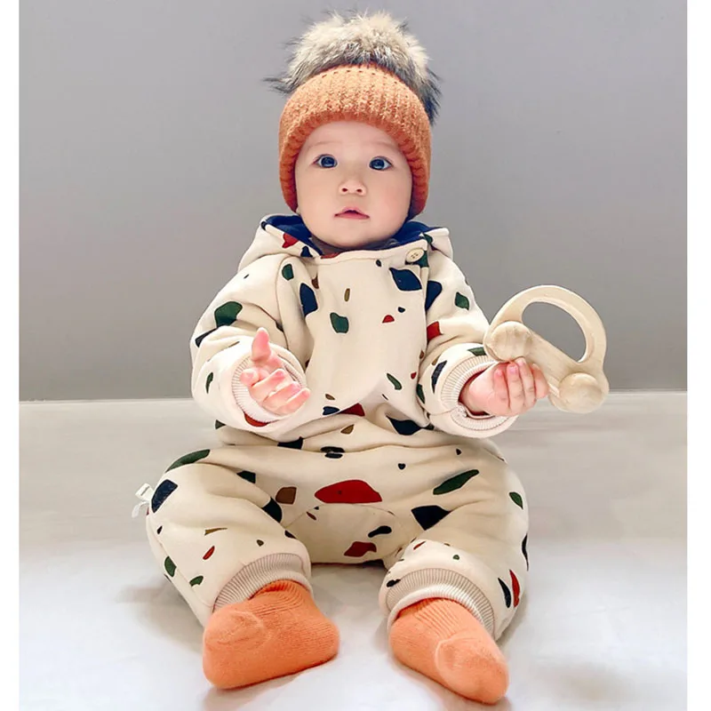 

Winter Baby Girl Boys Thicken Warm Clothing Infant Baby Boys Girls Jumpsuit Printing Hooded Newborn Baby Thicken Warm Bodysuits