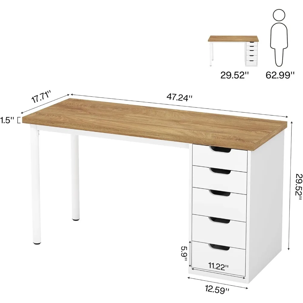 مكتب كمبيوتر مع 5 أدراج، مكتب مكتب منزلي بني ريفي مقاس 47 بوصة مع مساحة تخزين، طاولة كتابة حديثة وبسيطة للكمبيوتر المحمول