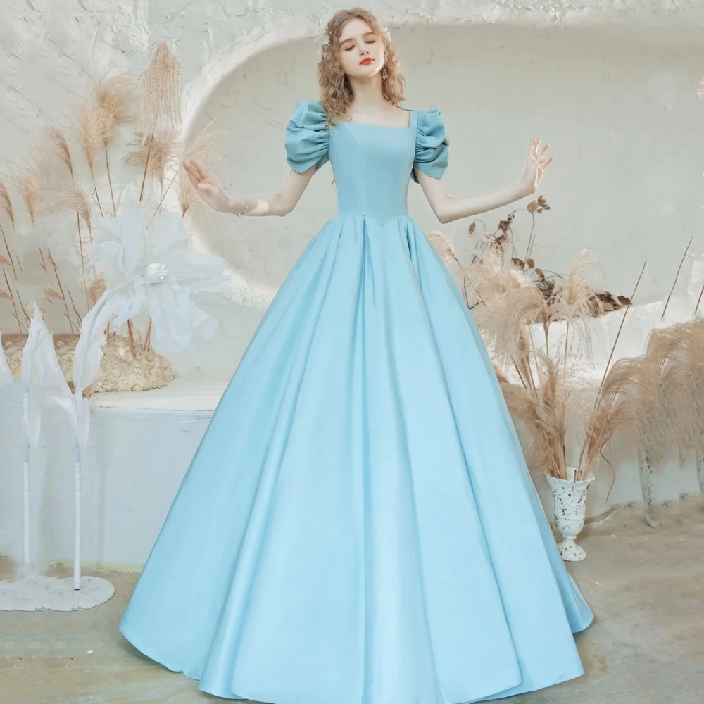 

Customized Elegant A Line Party Gowns Short Sleeve Lace Up Evening Gown Square Collar New Prom Dresses Vestidos De Novia