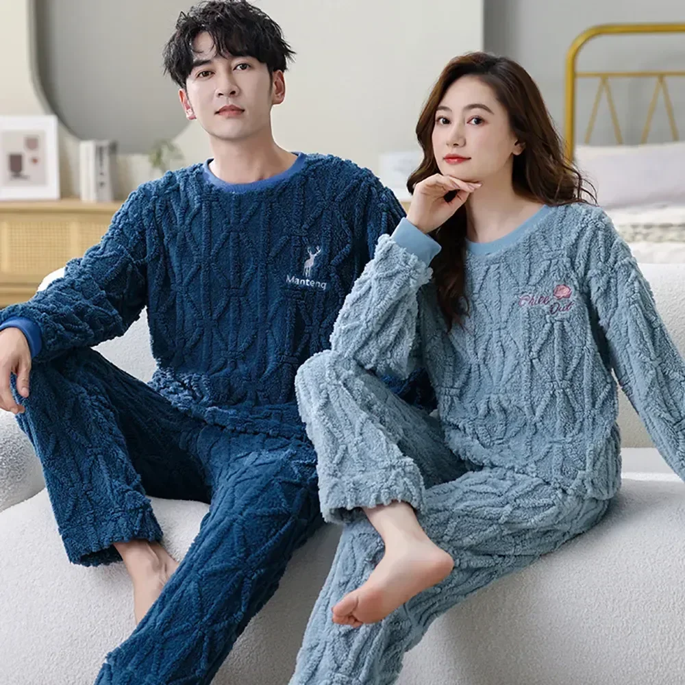 

Pijama Mujer Loose Winter Warm Embroidery Solid Soft Couples Pajamas Set For Autumn Thicken Comfortable Sleepwear Men Flannel