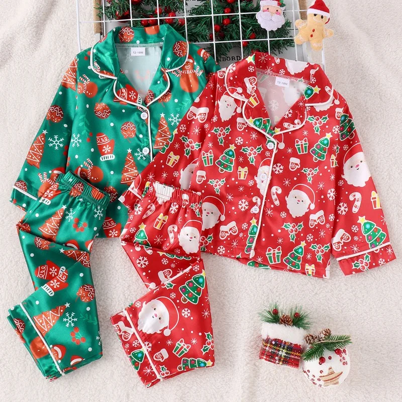 Winter Christmas Pajama Set for Girls Boys Long Sleeved Cardigan Top+ Long Pants Sleepwear for Kids Children Pijama Clothes Sets