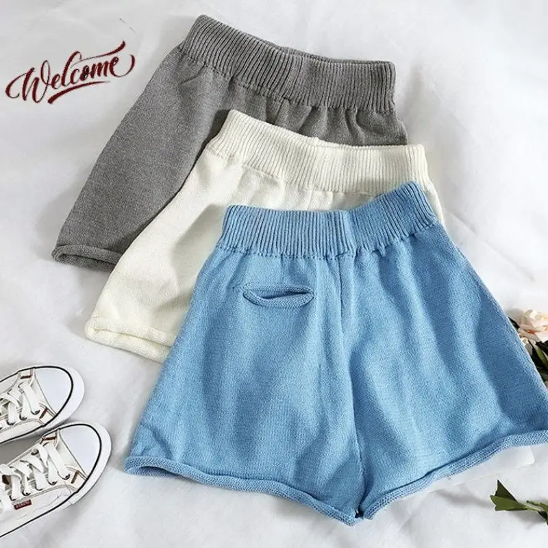 

Summer Sports Shorts Women Casual High Waist Knitting Simple Elastic Loose Solid Elastic Waist Comfortable Fungus Side Shorts