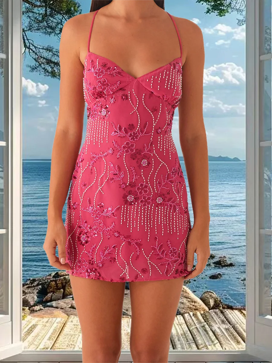 Camicetta con perline con paillettes Mini ricamo floreale Abito sexy con scollo a V sul davanti Abito senza maniche con cinturino per spaghetti incrociato senza schienale estivo