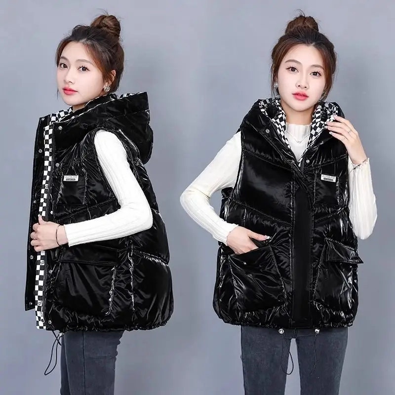 

Women'S Hooded Zipper Cotton Vest Winter Sleeveless Warm Quilted Vests Korean Fashion Outdoor Windbreak Ski Coat Vestidos