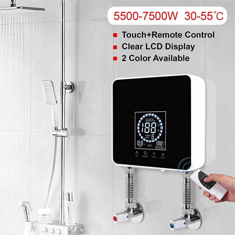 110V/220V Instant Water Heater Bathroom Kitchen Wall Mounted Electric Water Heater LCD Temperature Display with Remote Control