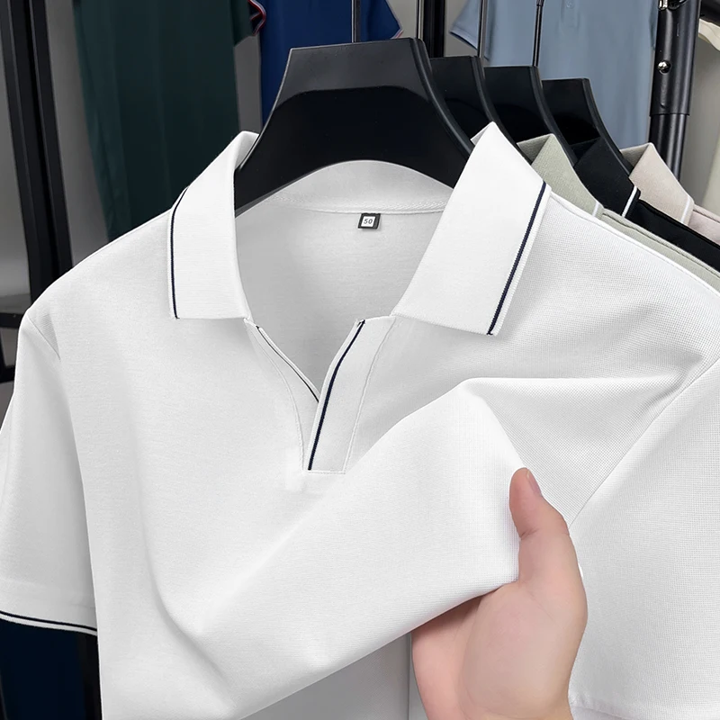

High quality solid color short sleeve polo shirt new summer business casual breathable T-shirt fashion unique V-neck men's wear