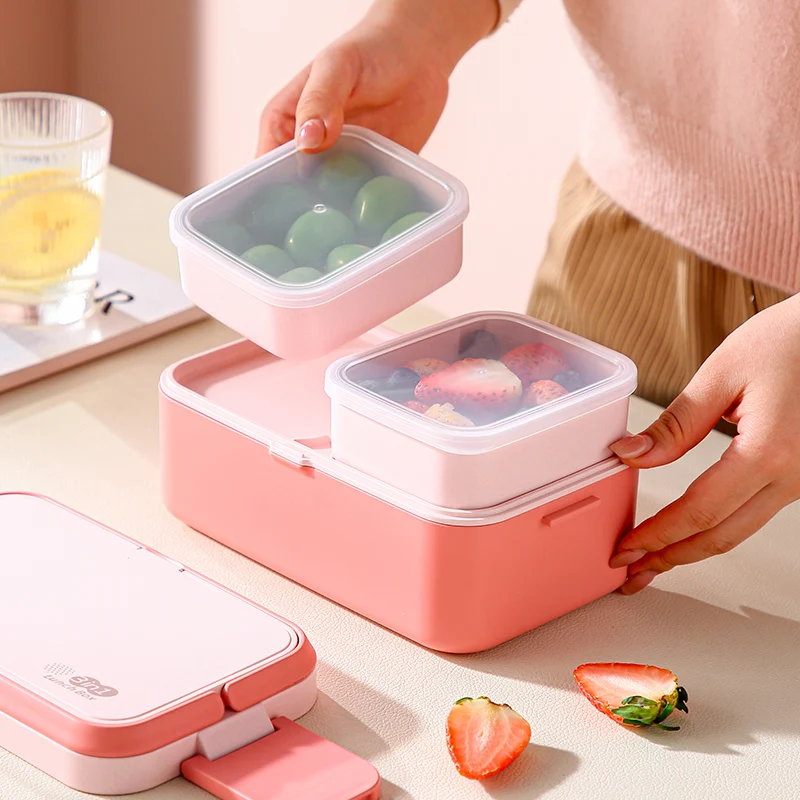 Double Layer Picnic Lunch BOX Bamboo Fiber Camping Bento BOX Microwave Spoon Fork Kids Lunch Box For School Gril Pink Lunch Box