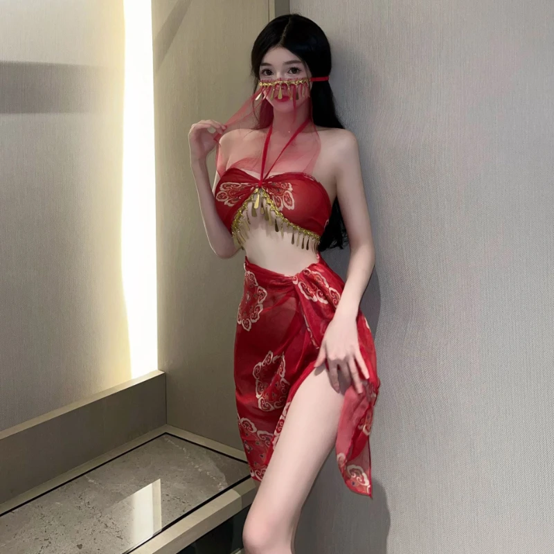

Sexy Lingerie Roleplay Dancer Exotic Costumes Cosplay Hanfu Skirt Red Chinese Traditional Women's Clothing Perspective Adult Set