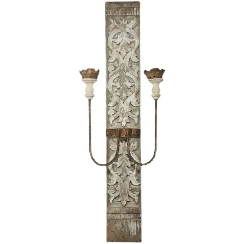 

French retro solid wood carving flower double head long wall lamp villa B & B background wall lamp antique bedroom