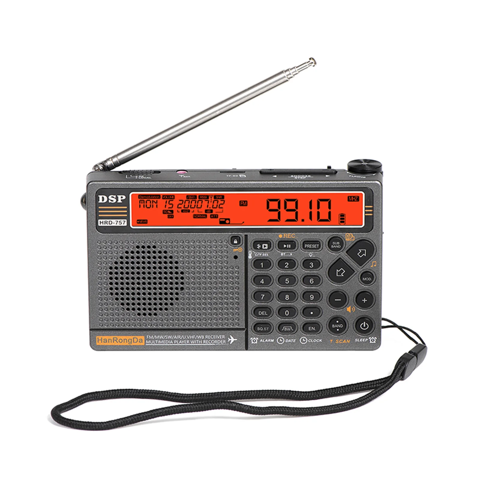 HanRongDa HRD-757 Multi-band Radio FM AM MW SW V.UHF AIR WB Portable Radio BT TF Music Player SOS Alarm Flashlight Alarm Clock