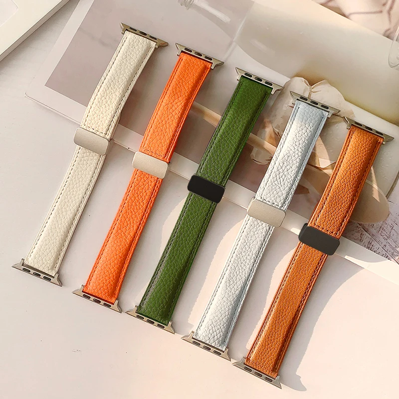 Magnetic Folding Buckle Band For Apple Watch 44mm 40mm 45/41/49mm 38/42mm Leather Strap iwatch Series Ultra 8 7 se 6 54 Bracelet