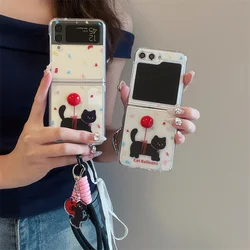 Clear Cute Cat Phone Case For Samsung Galaxy Z Flip 6 5 4 3 Cover with Hand Rope Strap Cartoon Hard Cases For Z Flip5 Flip4 5G