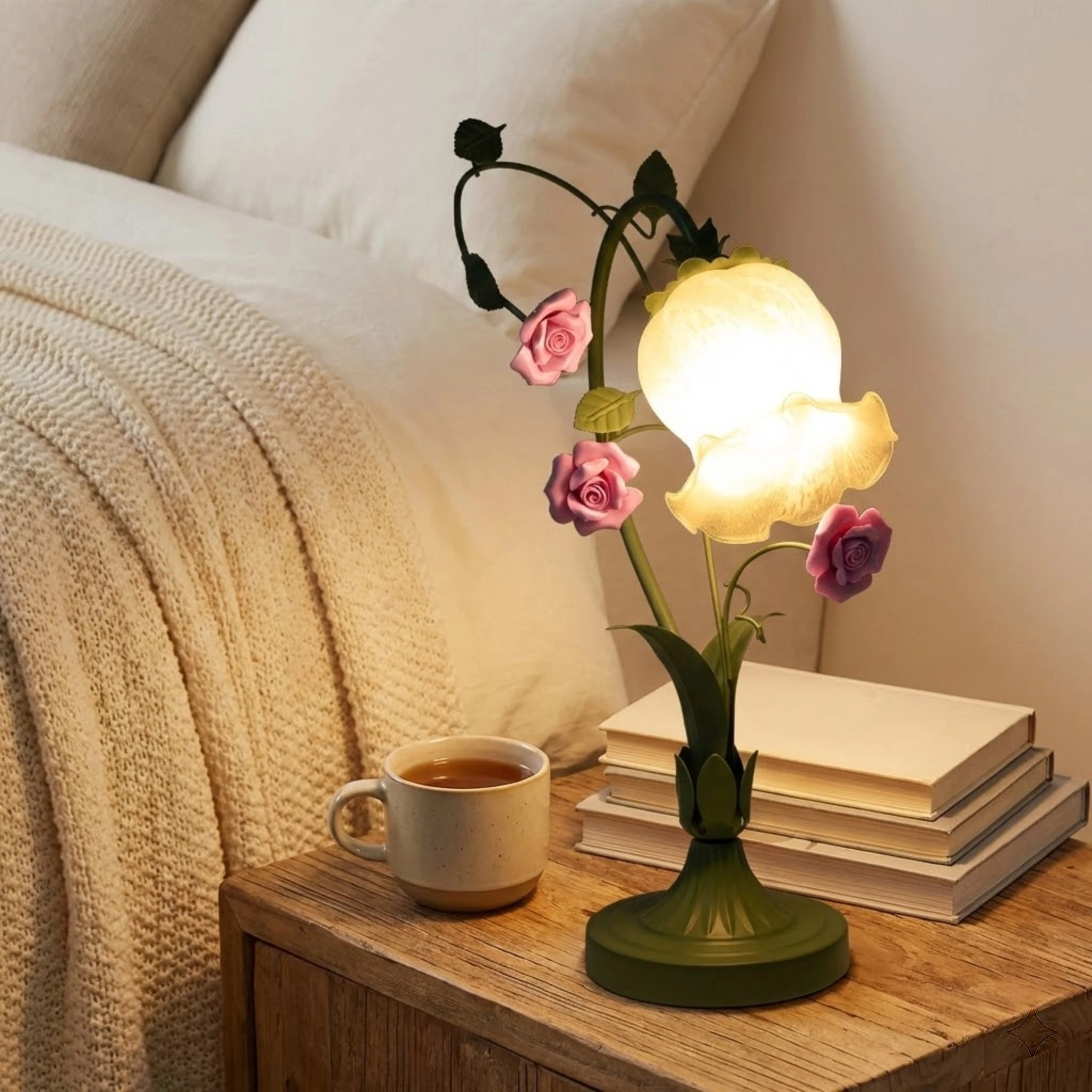 

Ceramic Rose Flower Desk Lamp For Nightstand Bedroom Green Metal Base Glass Shade Table Light E26 Socket Elegant Home Decor