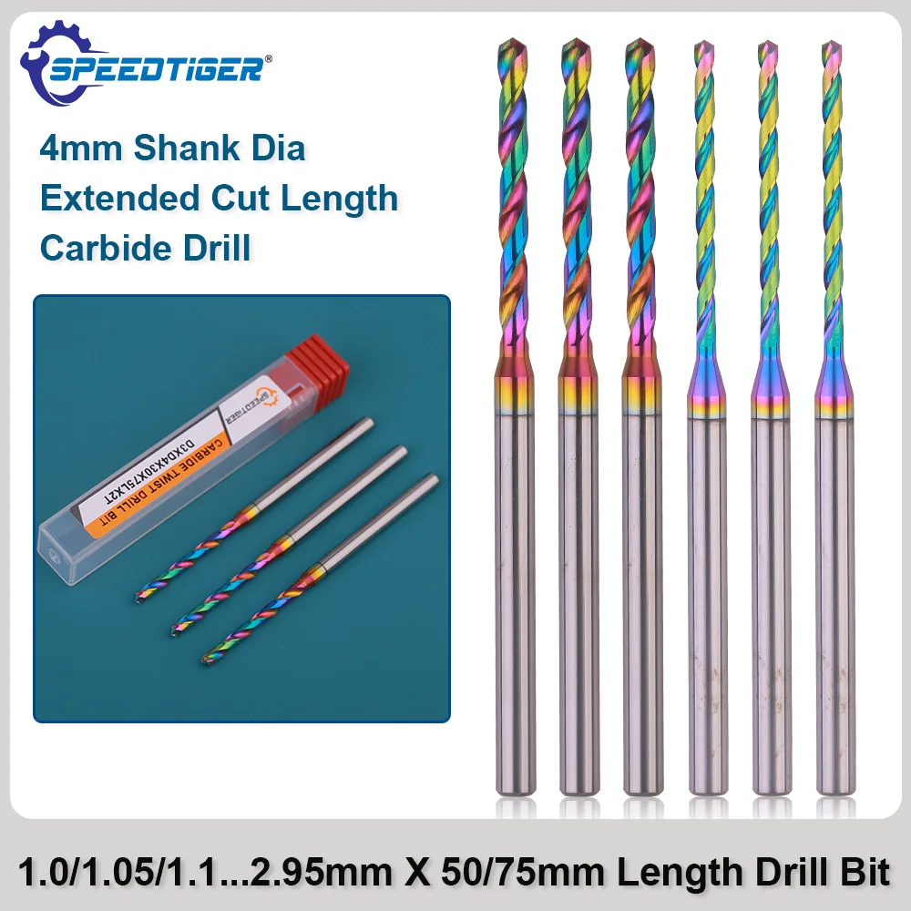 SPEEDTIGER Micro Small External Drill Long Cutting Length 75mm Shank Diameter 4mm 1mm~2.95mm DLC Coating for Aluminum Copper
