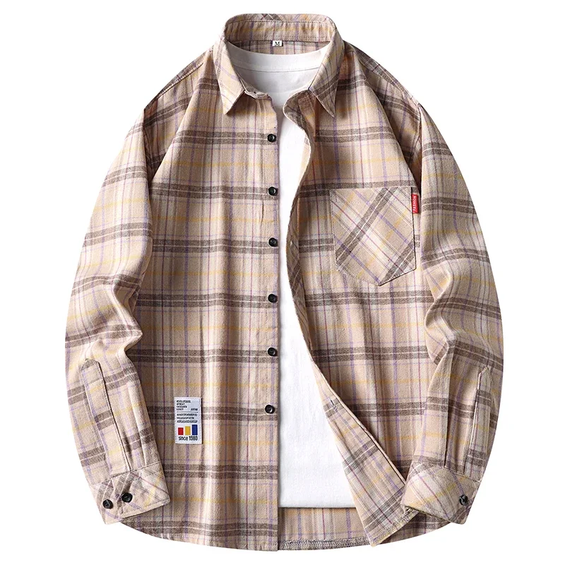 Mens Casual Plaid Grid Flannel Button Shirts Turn Down Collar Chest Pocket Mini Fabric Tag Wrinkle Long Sleeve Shirts For Men