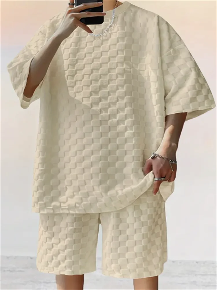 

Casual men's jacquard round-neck short-sleeved suit, 2-piece checkerboard checkered fashionable T-shirt set, men's style