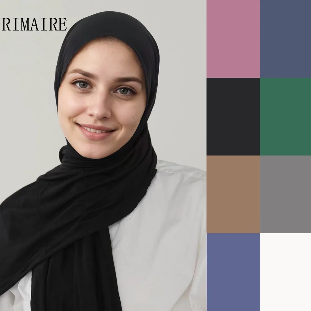 

Soft Muslim Cotton Hijabs High Quality Solid Islamic Jersey Turban Ladies Breathable Hair Cover Headwraps Gift Wholesale RIMAIRE