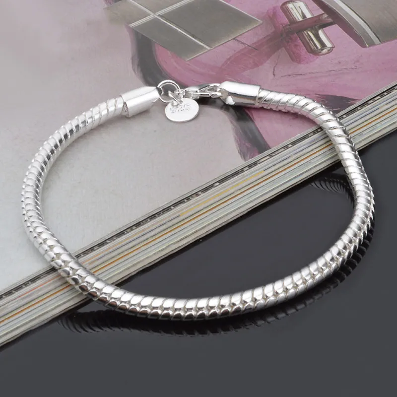 

925 Sterling Silver 3MM Snake Chain Charm Bracelet For Women Fashion Jewelry Gift