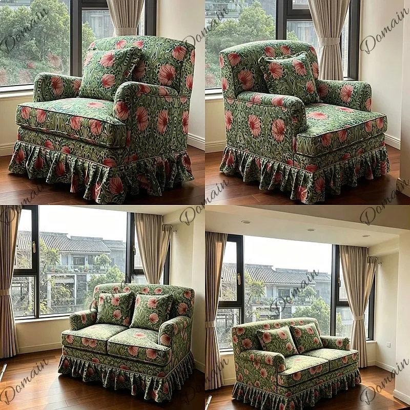 French Floral Fabric Sofa Vintage British Print Single Lounge Chair Photography Skirt Edge Small Apartment