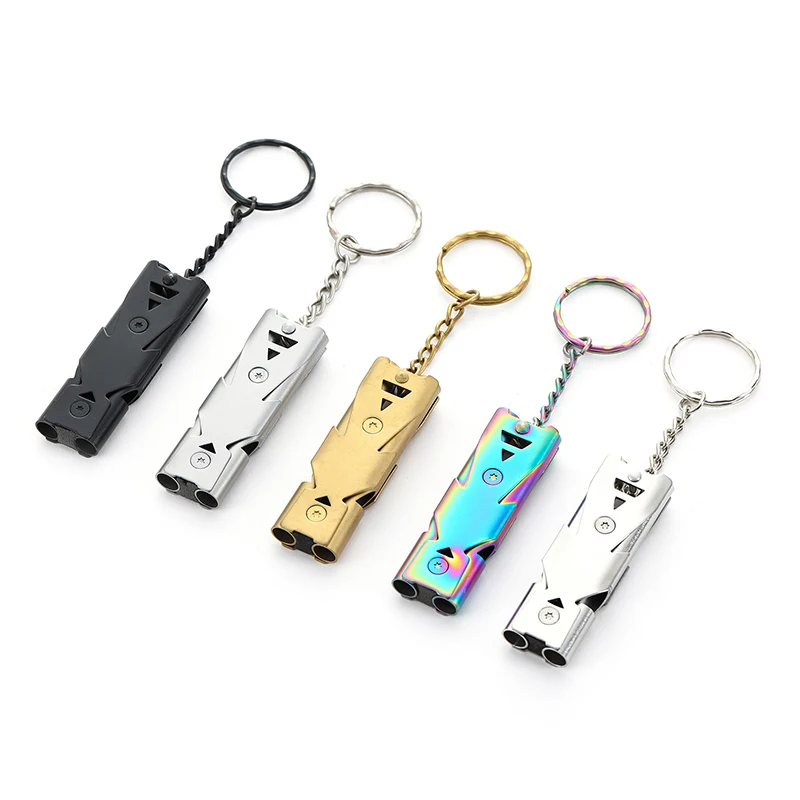 

High Decibel Whistle Keychain Stainless Steel Double Pipe Camping Hiking Emergency Survival Whistle Outdoors Tools Portable 2024