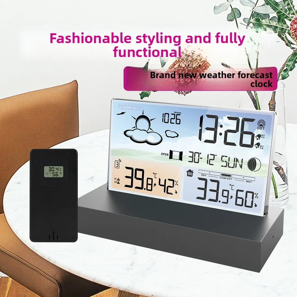 

Прозрачные стеклянные погодные часы, цветной экран 3396C, радиочастотный беспроводной многофункциональный прогноз погоды, электронный будильник