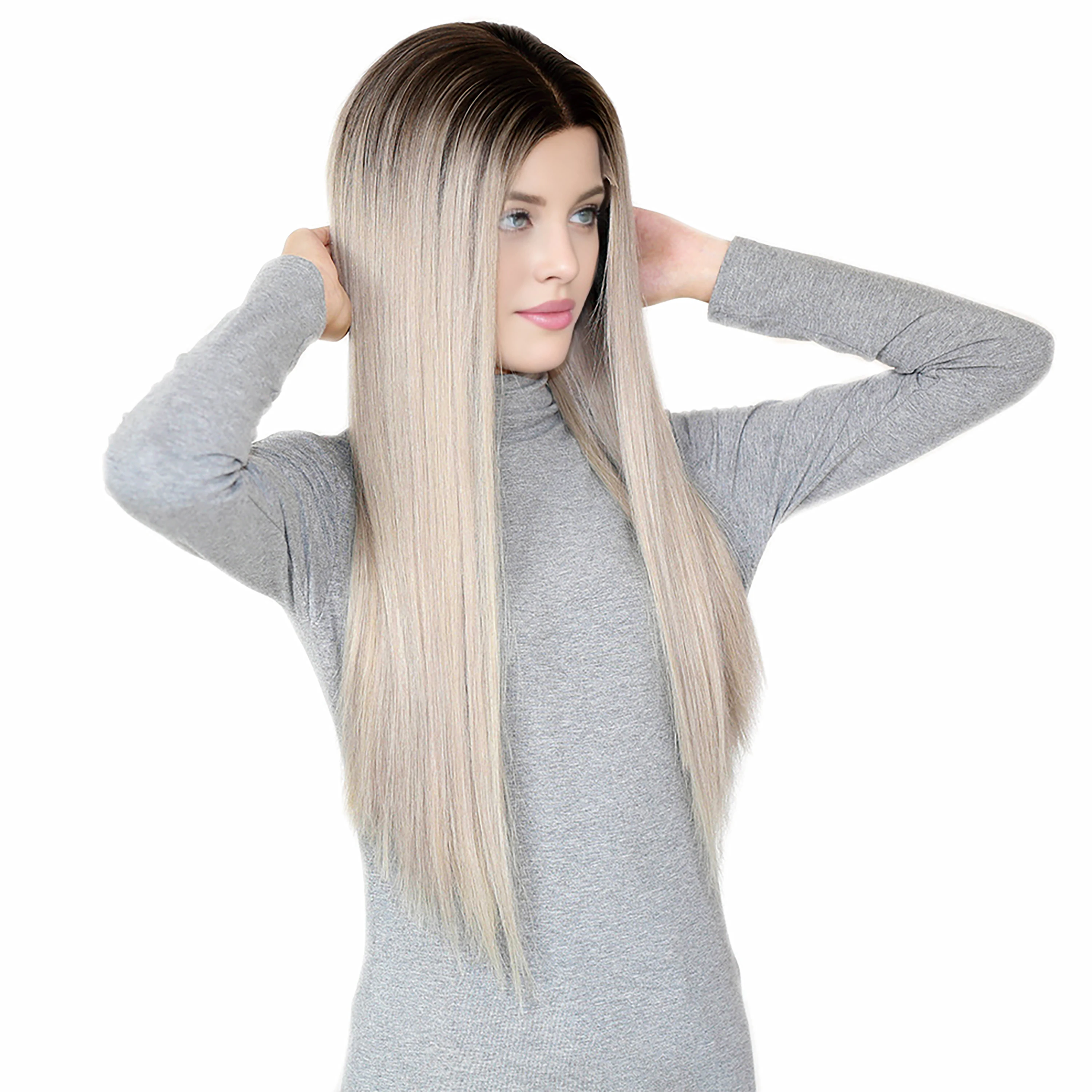 Straight Lace Front & Top Wig Dust Blonde with Brunette Shadow Roots Hand Painted Glueless Human Hair Balayage Ombre Wig