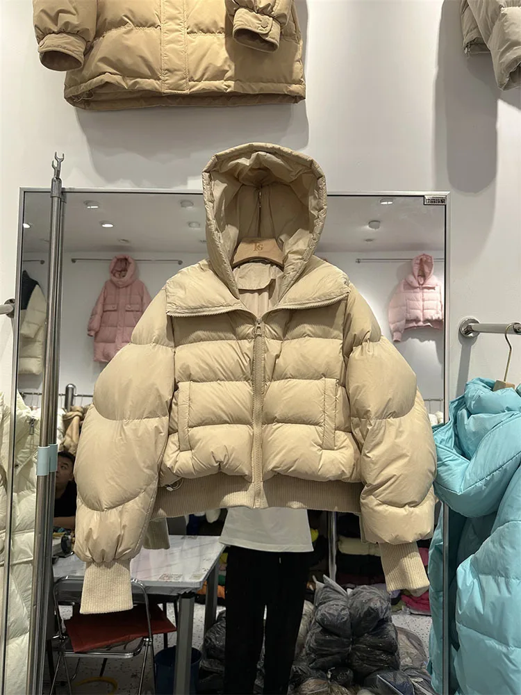 Jaqueta casual de puffer quente feminina, casaco 90% branco com capuz grande, curto, parka impermeável, feminina, inverno, novo, 2023