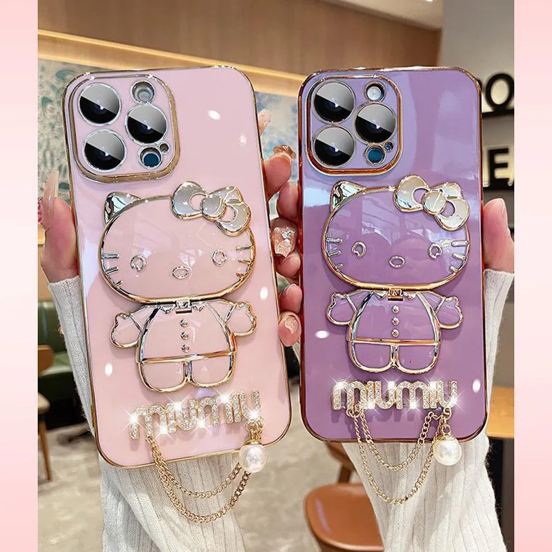 Kawaii mobile phone case Hello Kitty 13 14 15promax mobile phone case new rhinestone ip13pro14pro15pro silicone soft shell lens