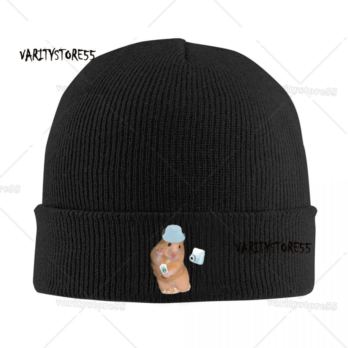 Peace Sign Hamster Meme With Camera Warm Knitted Cap Fashion Bonnet Hat Autumn Winter Outdoor Beanies Hats for Men Women Adult