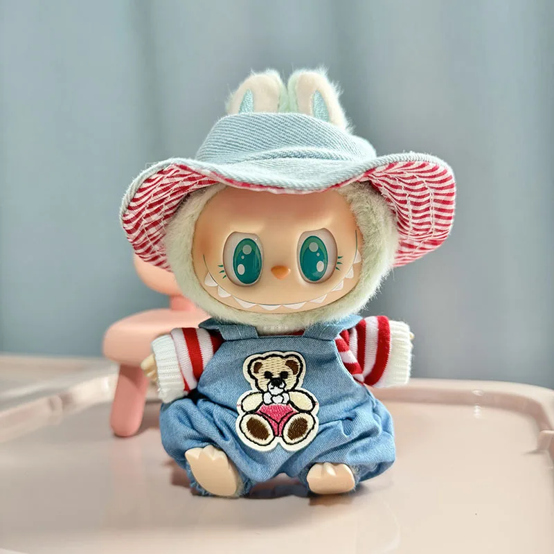 17cm Plush Doll's Clothes The Monster Labubu Outfit Accessories Clothing DIY Kids Gift Bear Overalls Red Striped T-shirt YE26N