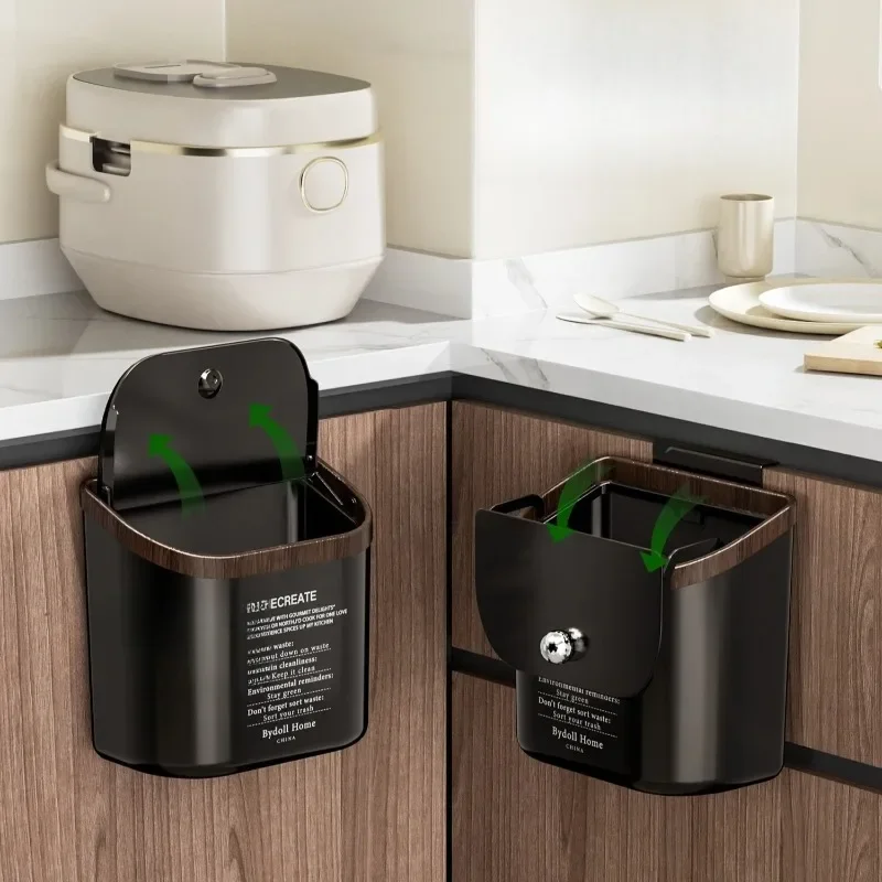 Solid Walnut Trash Can with Locking Lid Modern Wall-Hung Waste Basket for Kitchen Counter Bathroom EcoFriendly Compost Container