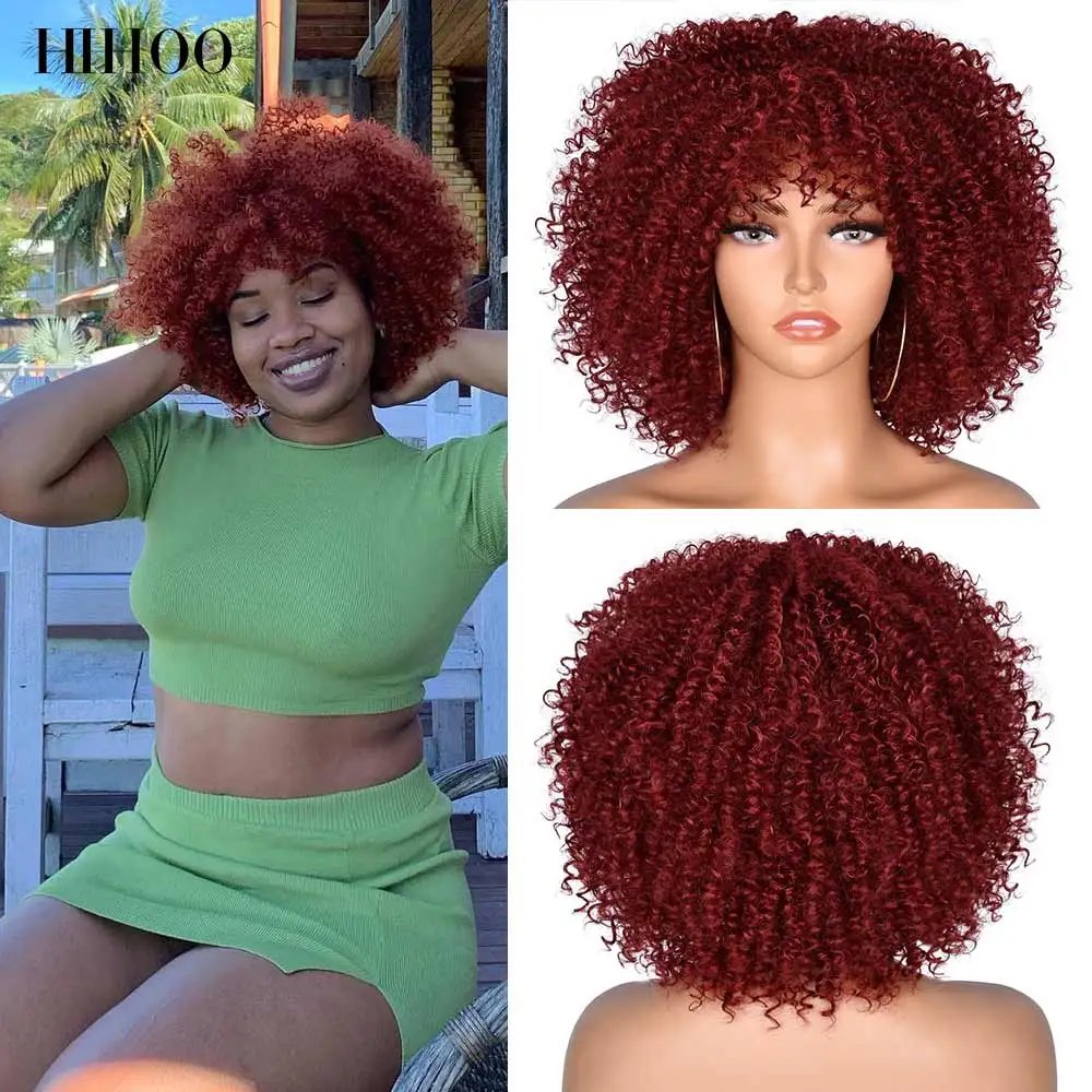 Short Hair Kinky Curly Afro Wigs With Bangs For Women 10\