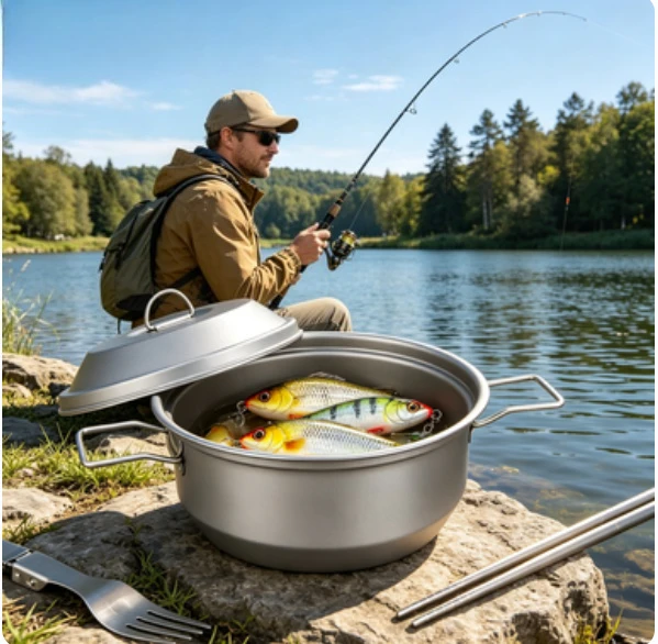 1100ml Pure Titanium Camping Pot, Colorful Ice Flower Cookware With Lid For Fishing Camping