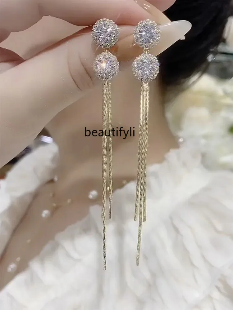 Korean temperament zircon long fringed earrings women's earrings high-end silver needle earrings