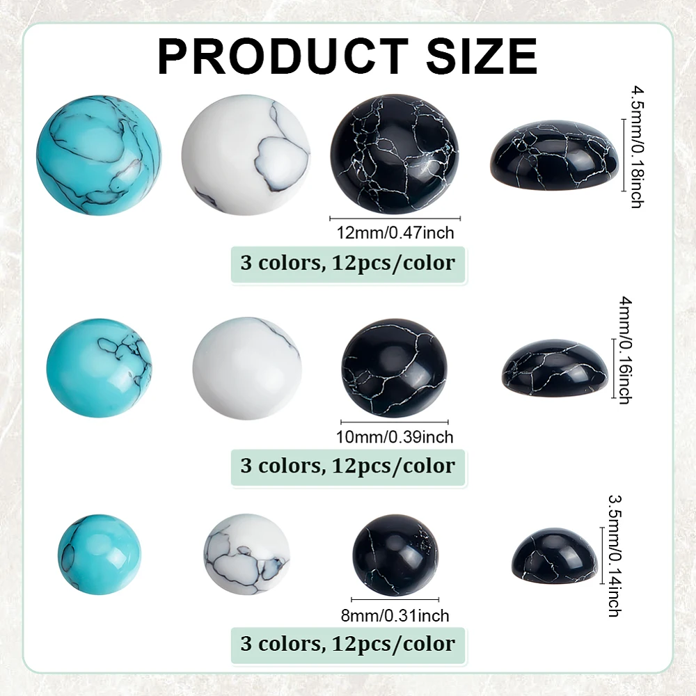 108pcs Turquoise Cabochons 9Style Texture Tiles Dome Half Round Turquoise Beads Blue White Black Tiles Flatback Stones 8/10/12mm