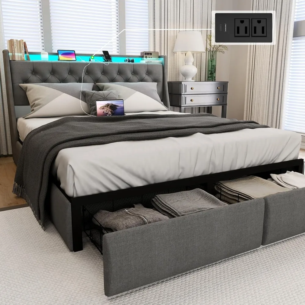 

Queen Size Bed Frame with 2 Storage Drawers, Charging Station, LED Lights, Steel Slat Support, Metal Platform Bed Frame