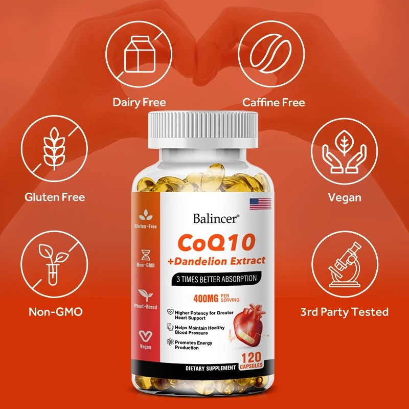 COQ10 + Dandelion Extract Triple Absorption, 400 Mg Per Serving - Non-GMO - Supports Heart Health - Increases Energy Production