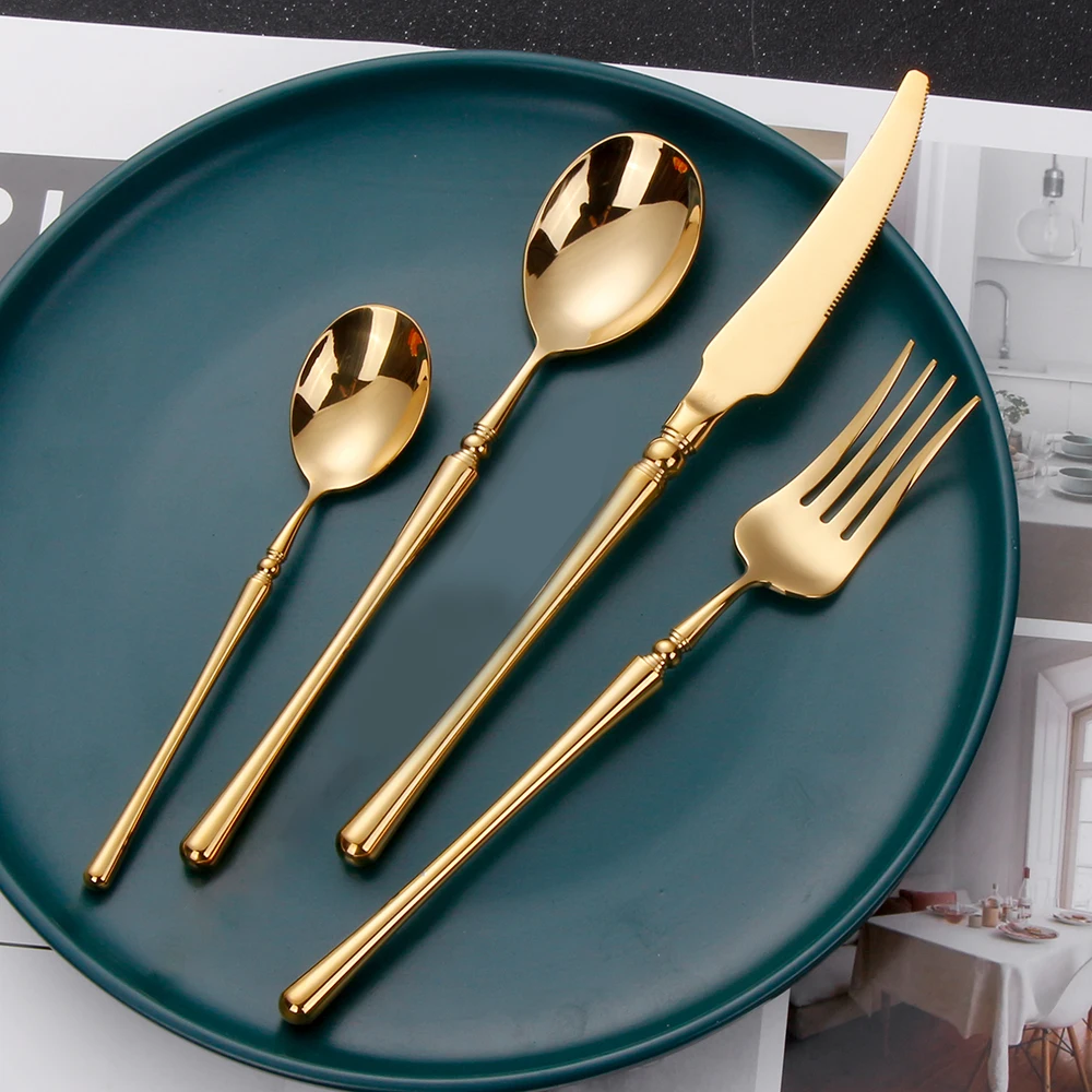 Stainless Steel Gold Cutlery Western Tableware Matte Sliver Dinner Set Mirror Knife Fork Spoon Elegant Flatware 4 Pcs 8 Pcs