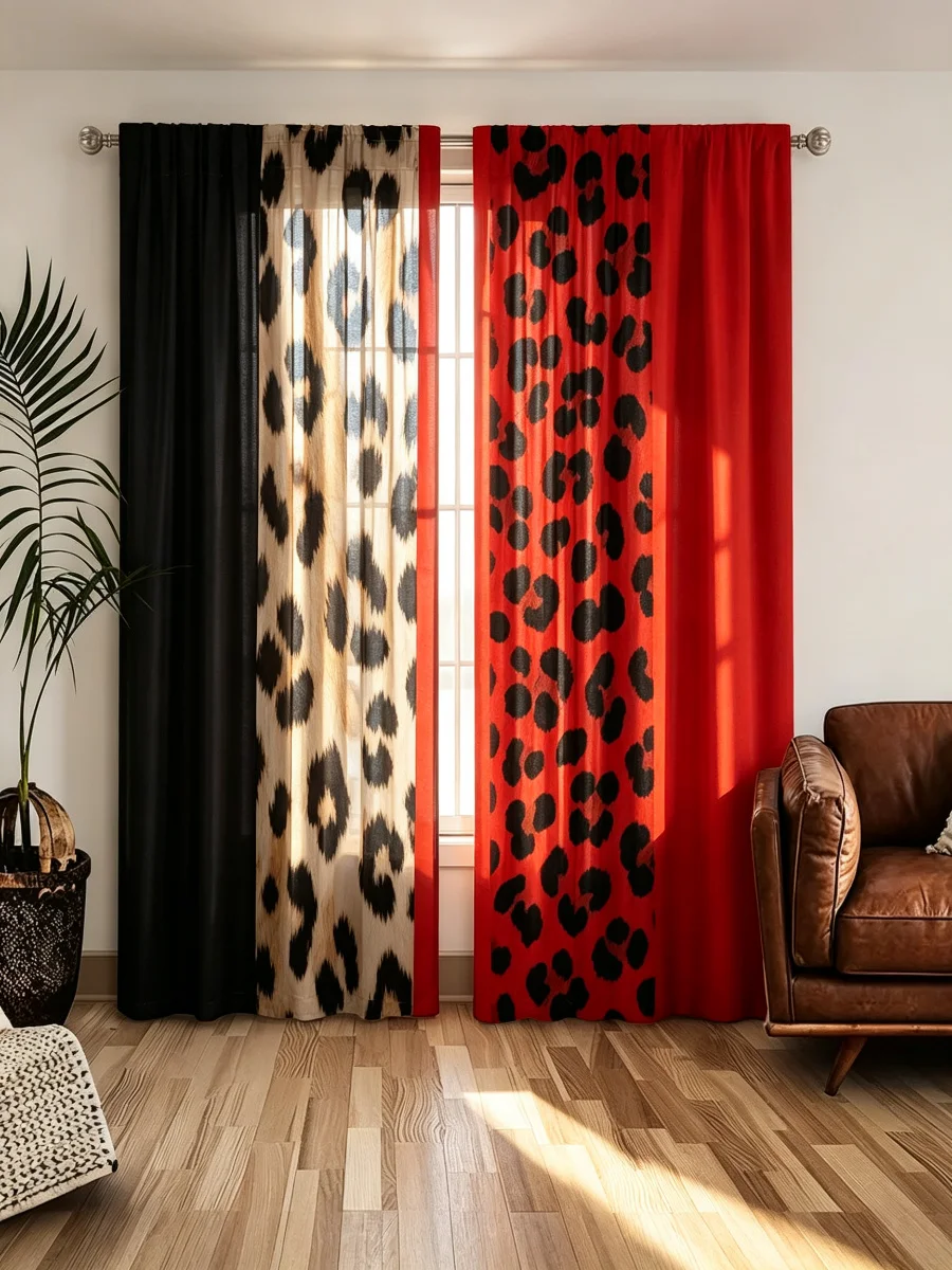 2PCS Digital Print Curtains, Leopard Print Red Black Stripe, Bold Color Block Rod Pocket Drapes for Bedroom Living Room Decor