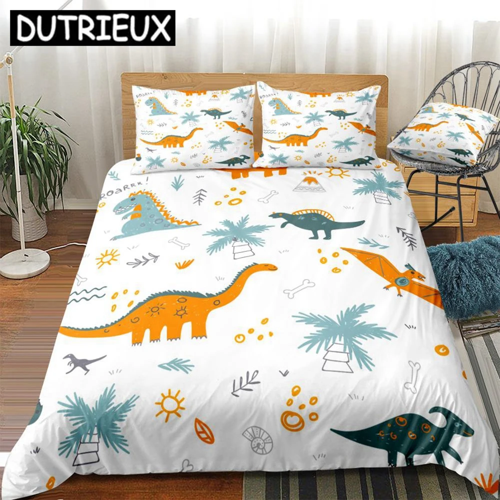 

3 Pieces Dinosaur Duvet Cover Set Cartoon Animal Bedding For Kids Boys Girls Cute Dinosaur Quilt Cover White King Dropship Queen