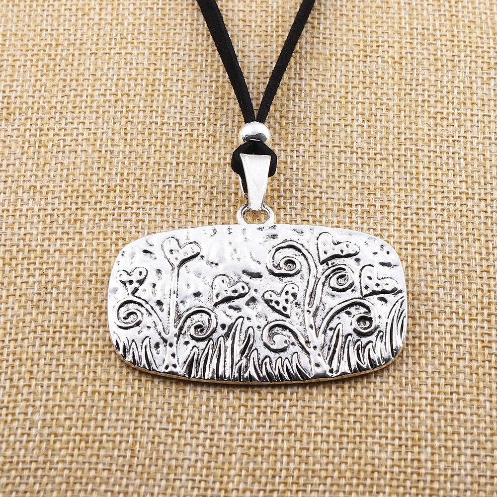 Tibetan Silver Large Hammered Flower Grass Plant Rectangle Pendant Necklace on Black Suede Cord Lagenlook 32‘’ for Jewelry Women