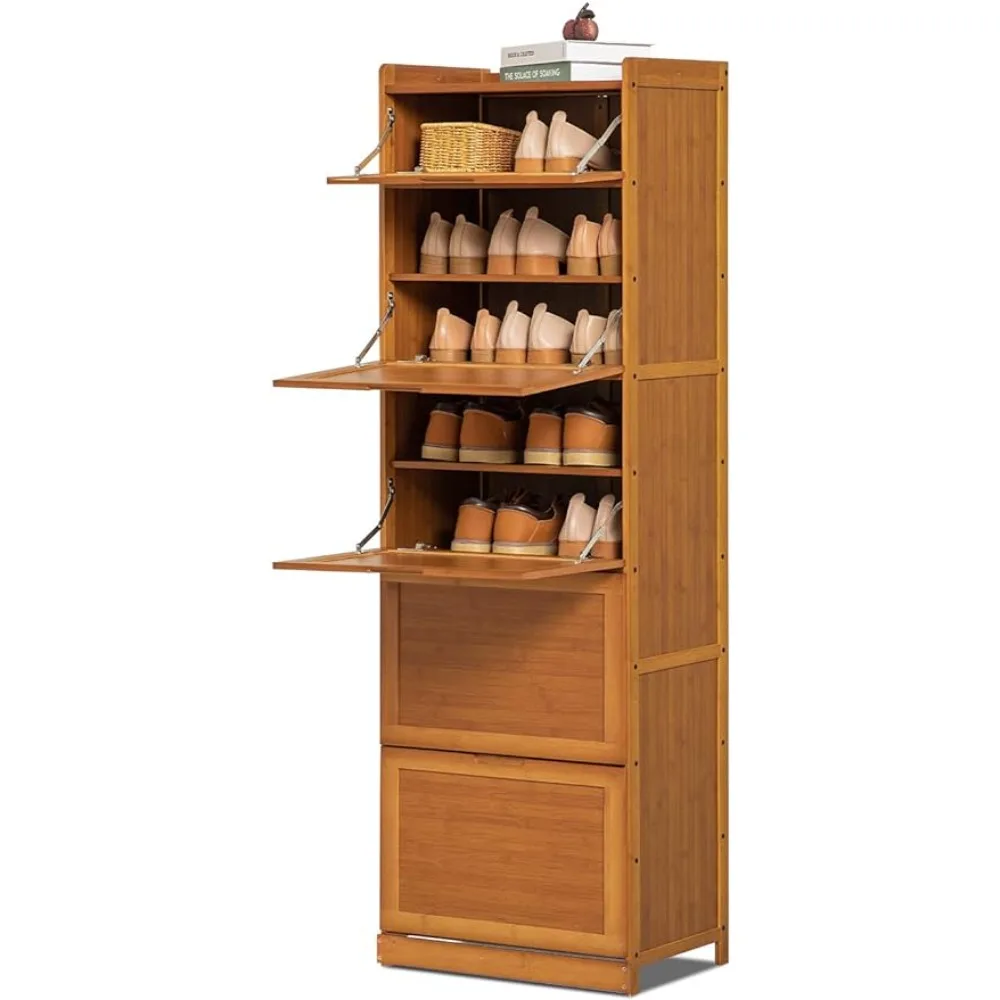 Imagem -02 - Bamboo 9-tier Shoe Organizer Armário de Armazenamento com Porta Pull-down 27 Saltos Botas Isolado Entrada Marrom